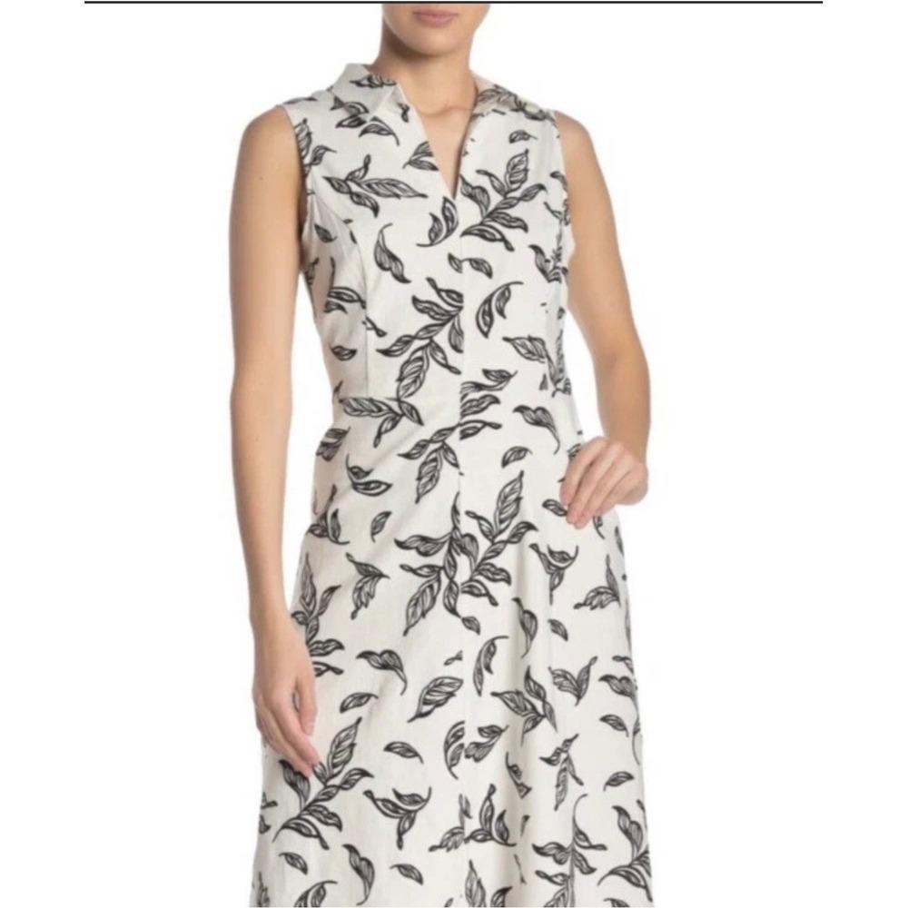 NWT TTahari Shirtdress Sleeveless V-Neck Midi Dress Cream Black‎ Leaf Print Med